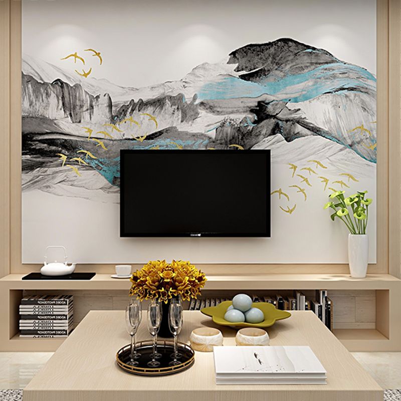Full Size Chinese Mural Wallpaper Blue and Grey Wild Goose and Veil Wall Covering, Customized Size Available