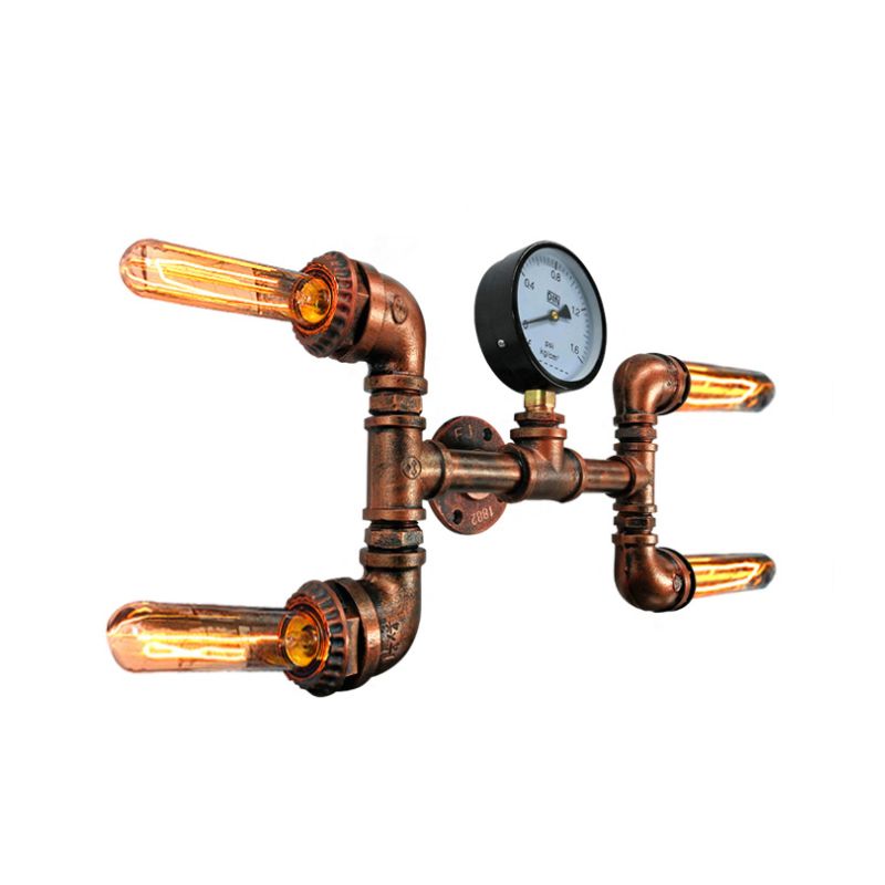 Bare Bulb Dining Room Wall Light Sconce with Gauge Deco Rustic Style Iron 4 Lights Copper Wall Mount Lamp