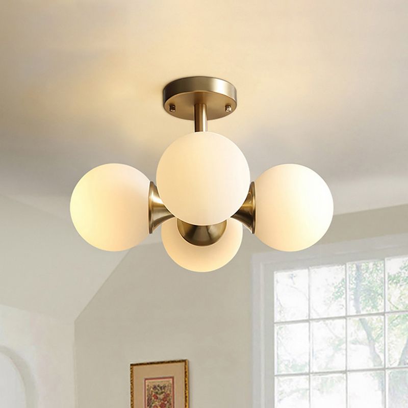 Gold Ball Semi Flush Light Contemporary 4 Heads Milky Glass Close to Ceiling Lamp