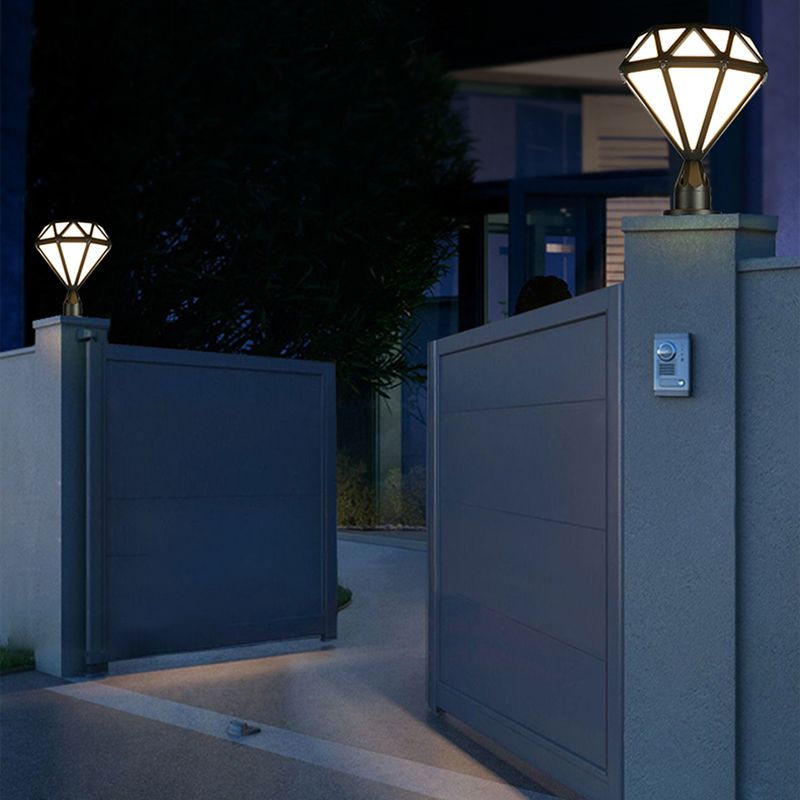 Contemporary Metal Pillar Lamp Diamond Shape Outdoor Waterproof Light with Plastic Shade