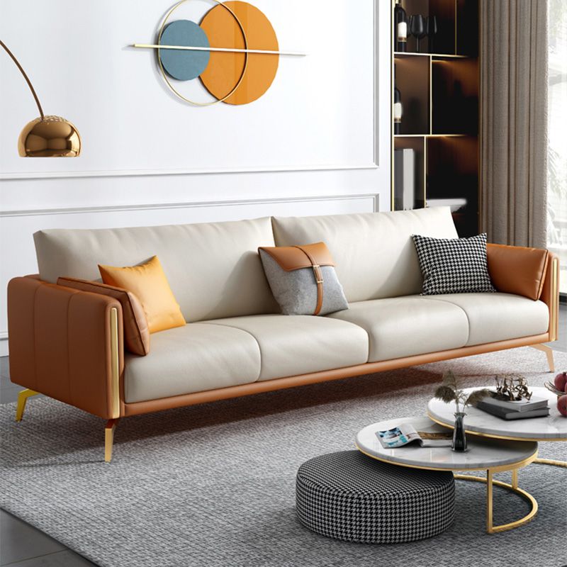 Faux Leather Square Arm Sofa with Chaise in Orange & Beige Loose Back Cushions Sofa