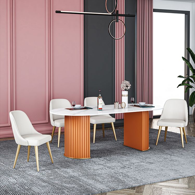Glam Sintered Stone Top Kitchen Dining Table Oval Standard Dining Table with Double Pedestal Bases