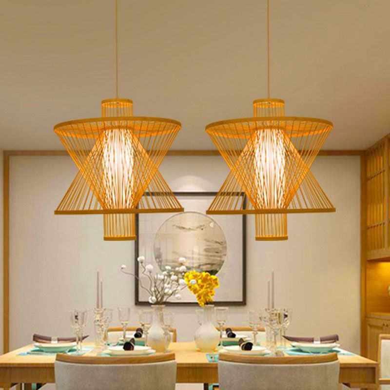 Sandglass Shaped Down Lighting Asian Bamboo 1 Bulb Dining Room Pendant Light in Wood