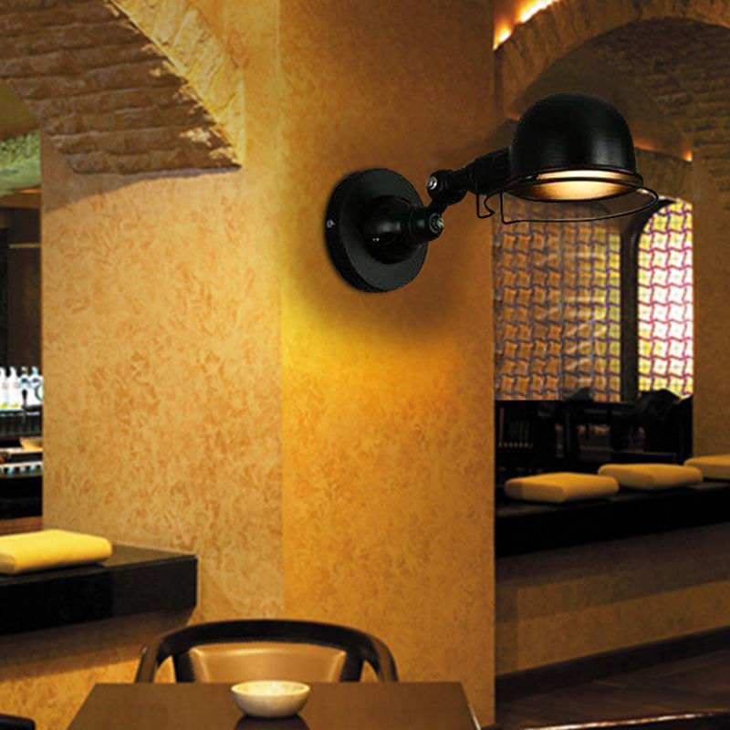 Black Wrought Iron Wall Mount Lamp with Metal Bowl Shade Industrial Style Single Bulb Lighting Fixture for Coffee Shop Bar