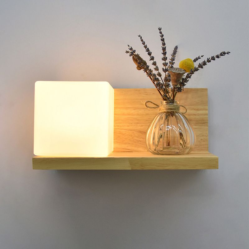 Beige Shaded Wall Sconce Lighting Contemporary Style Wood Wall Mount Light Fixture