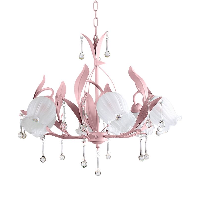 Pink/Blue/Green 6 Bulbs Chandelier Lamp Traditional Crystal Balls Floral Hanging Light Kit for Bedroom