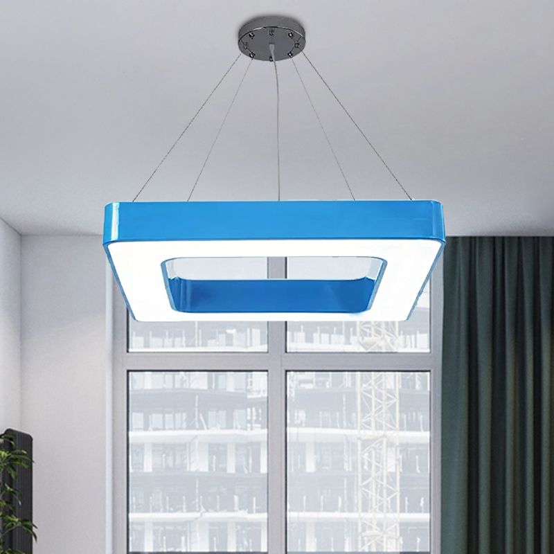 Red/Yellow/Blue/Green Square Pendant Lamp Kids Acrylic LED Chandelier Light Fixture in Third Gear/White Light for Bedroom
