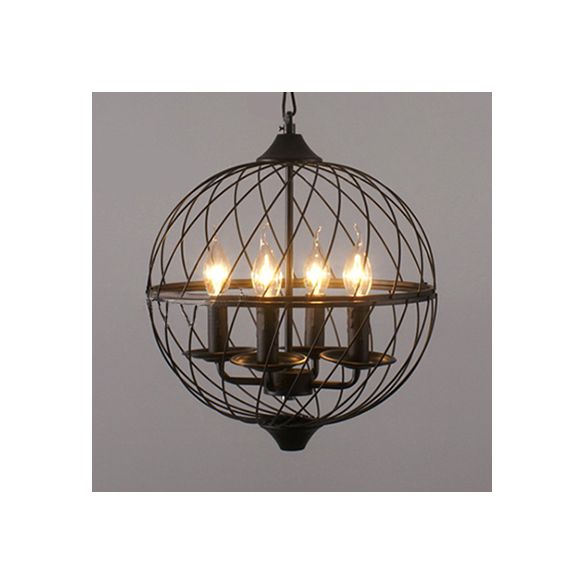 Iron Black Chandelier Lighting Global Mesh Shade 4 Bulbs Industrial Ceiling Light Fixture with Adjustable Chain for Dining Room