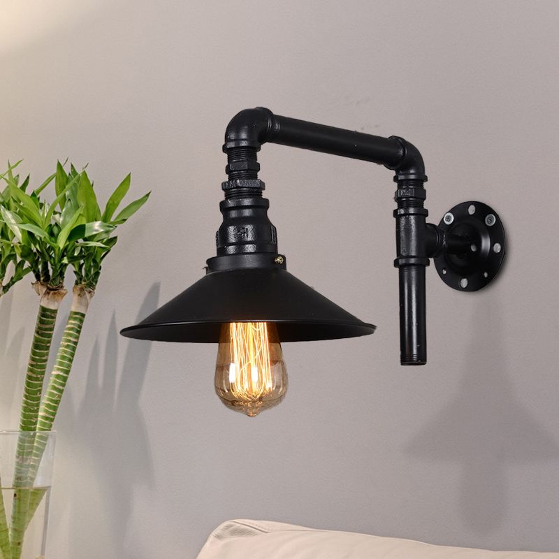1 Bulb Iron Sconce Light Fixture Vintage Black Flared Restaurant Wall Mount Pipe Lamp with Right Angle Arm