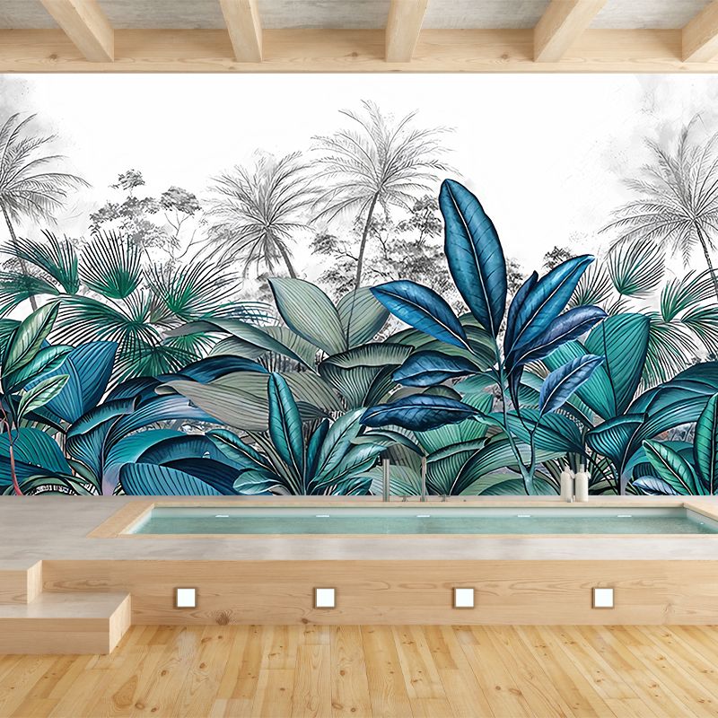 Tropical Plant Ginger Leaf Mural Decal Blue and White Water Resistant Wall Art for Bedroom