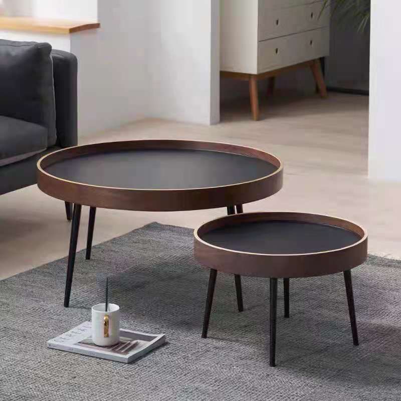 Round Brown/Black Wood Coffee Table 3 Legs Base 2 Nestling Cocktail Table