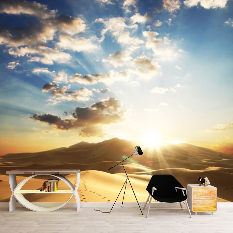 Desert with Footprint Wall Mural Modern Beautiful Wild Landscape Wall Decor in Yellow