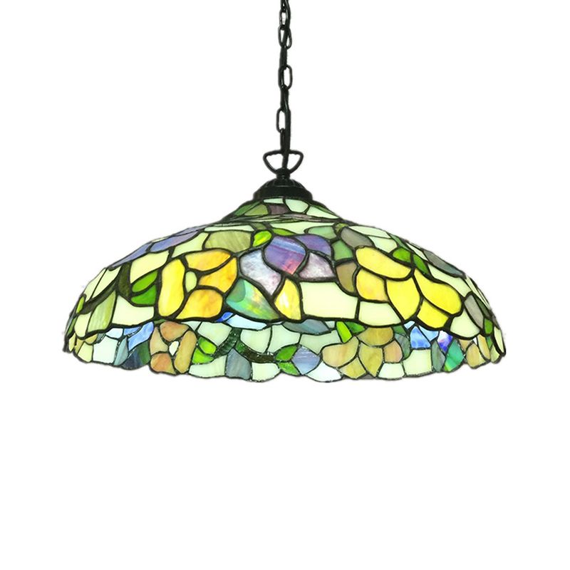 Cut Glass Barn Ceiling Pendant Victorian 1-Light Yellow Hanging Light Fixture with Floral Pattern