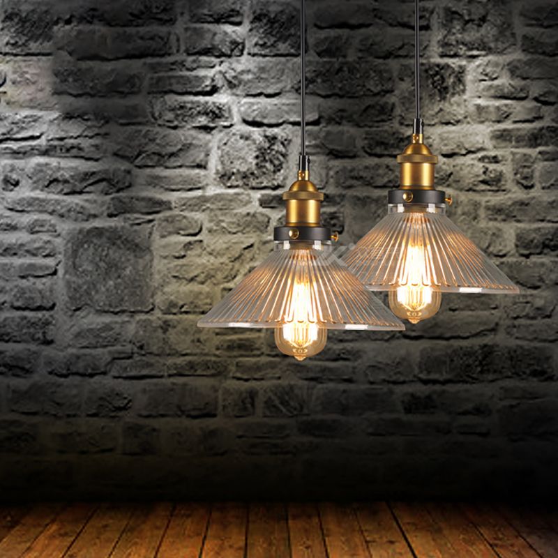 Conical Cafe Pendant Light Industrial Clear Glass 1-Bulb Brass Hanging Ceiling Light