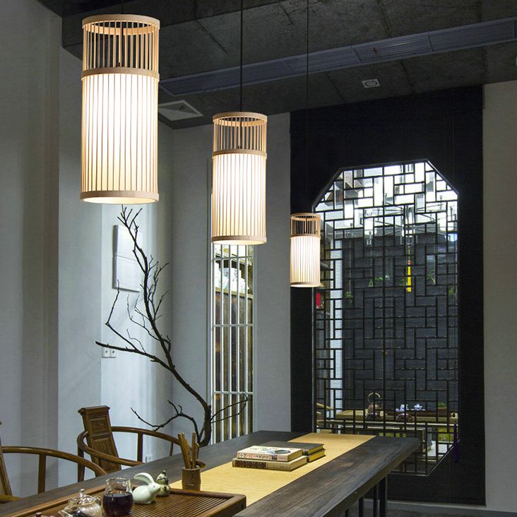 Wood Cage Hanging Light Chinese Style 1 Bulb Bamboo Weaving Lighting Fixture for Restaurant