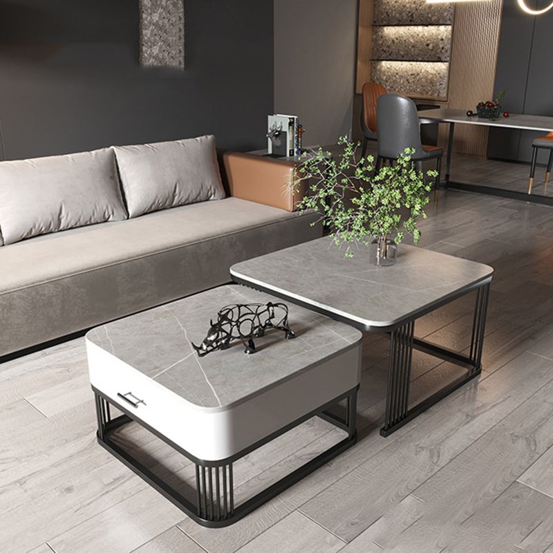 Square Nesting Coffee Table Set Slate Frame Coffee Cocktail Table with Drawer
