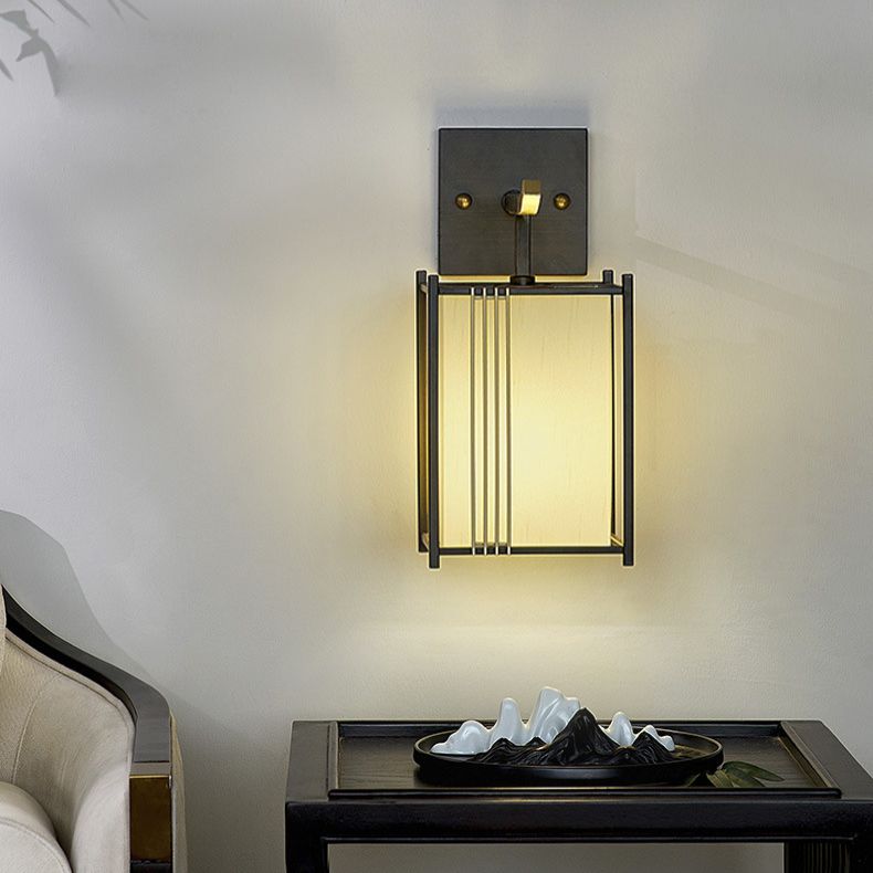 Rectangle Fabric Shade Pendant Hanging Lamp Chinese Style 1 Light Bedroom Hanging Ceiling Light