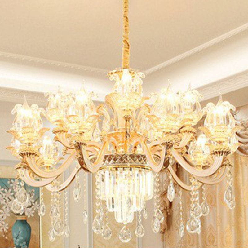 Opulentes Kristall Beige Deckenleichter Blütenförmiger traditioneller Kronleuchter für Esszimmer