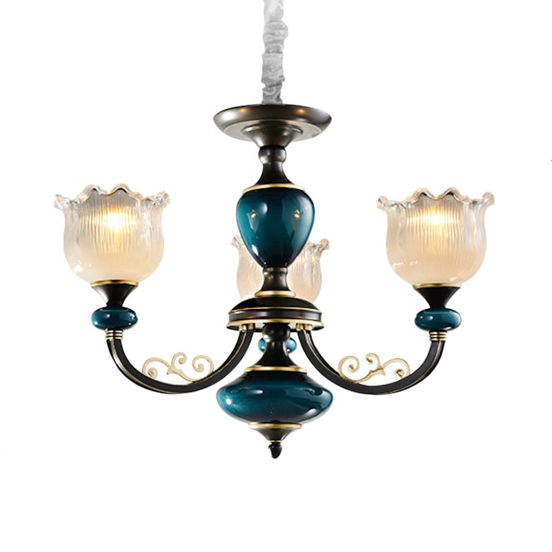 3/6 Bulbs Blossom Hanging Light Kit Classic Black Finish Clear Ribbed Glass Pendant Chandelier