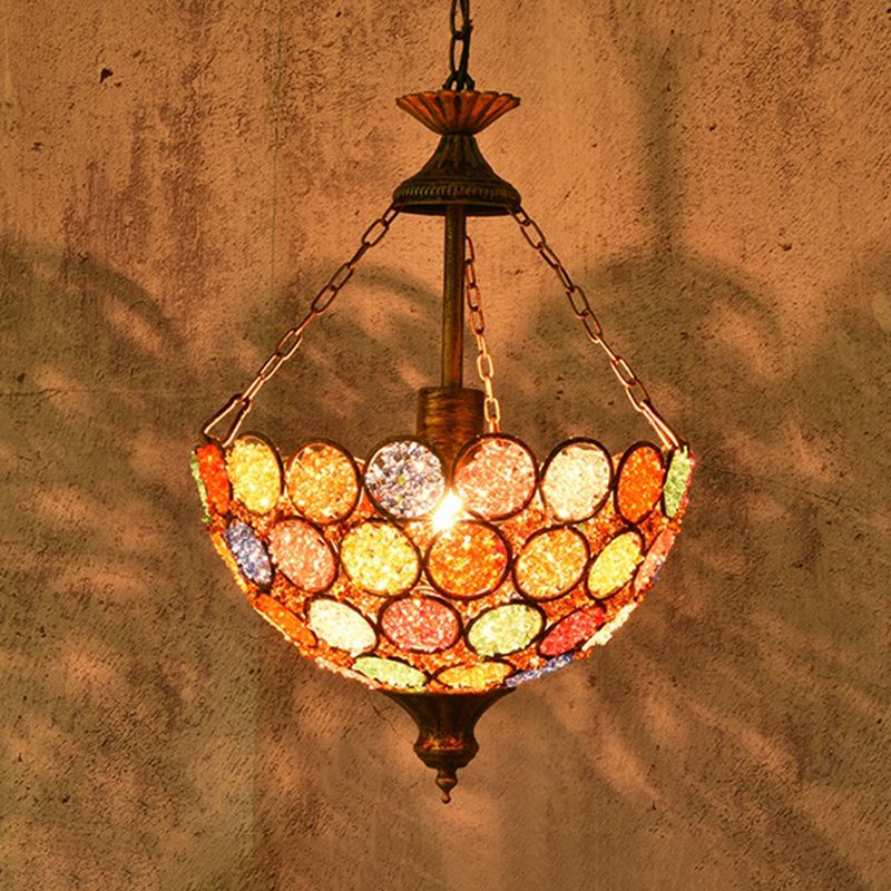 Orange Bowl Shape Hanging Light Bohemian Metal 1 Bulb Restaurant Pendant Lighting Fixture