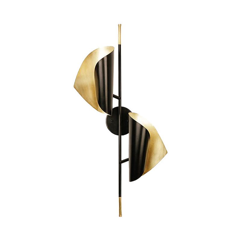 Iron Ribbed Curved Sheet Sconce Postmodern 2 Heads Black and Gold Inner Wall Mount Lighting for Stair