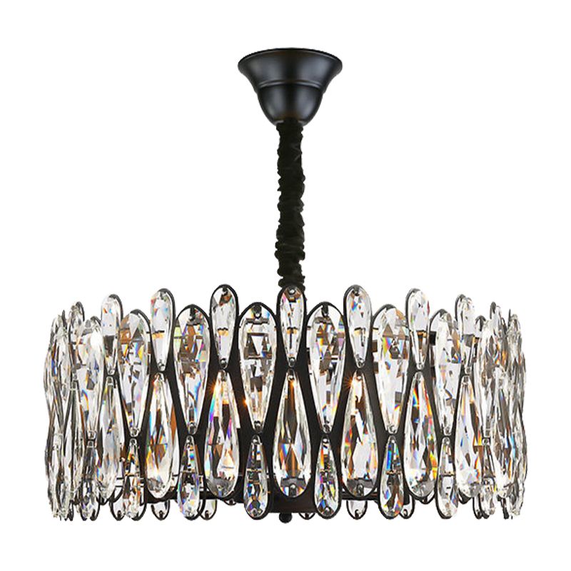 Black Drum Shaped Pendant Light Modern Crystal Teardrop 6-Bulb Dining Room Chandelier