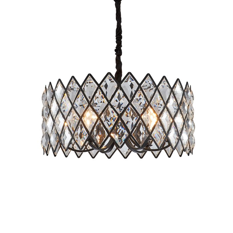 5 Light Living Room Ceiling Pendant Postmodern Black Chandelier Light with Drum Crystal and Metal Shade
