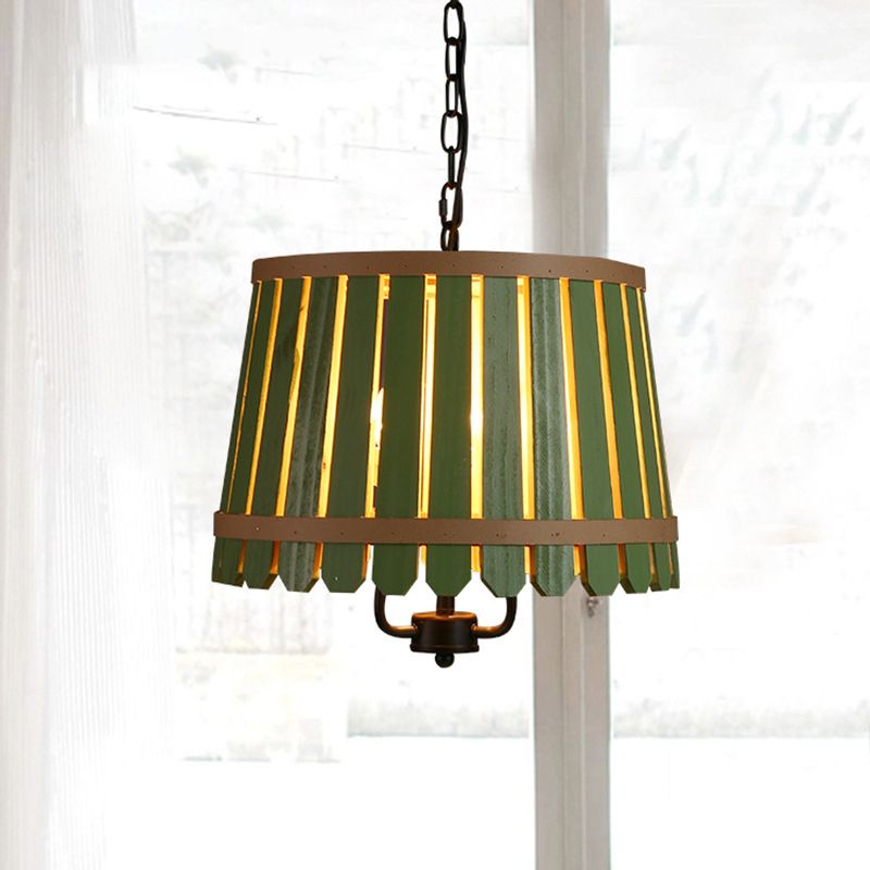 12.5"/16.5" Wide Slatted Chandelier Light Fixture Modern Wooden 3 Lights Blue/Green/Wood Hanging Pendant for Dining Room