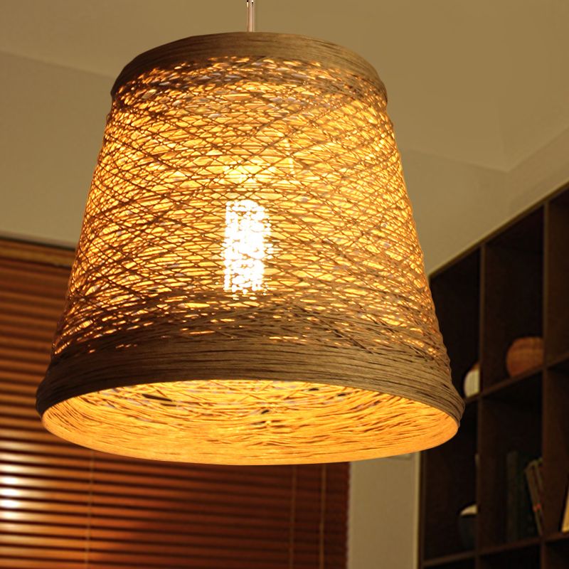 Bamboo Rattan Bucket Pendant Light Rural Single Flaxen Hanging Lamp Kit for Restaurant