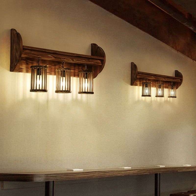Cylinder Bedroom Wall Mount Light Factory Style Wood 3-Head Brown Wall Sconce Lighting