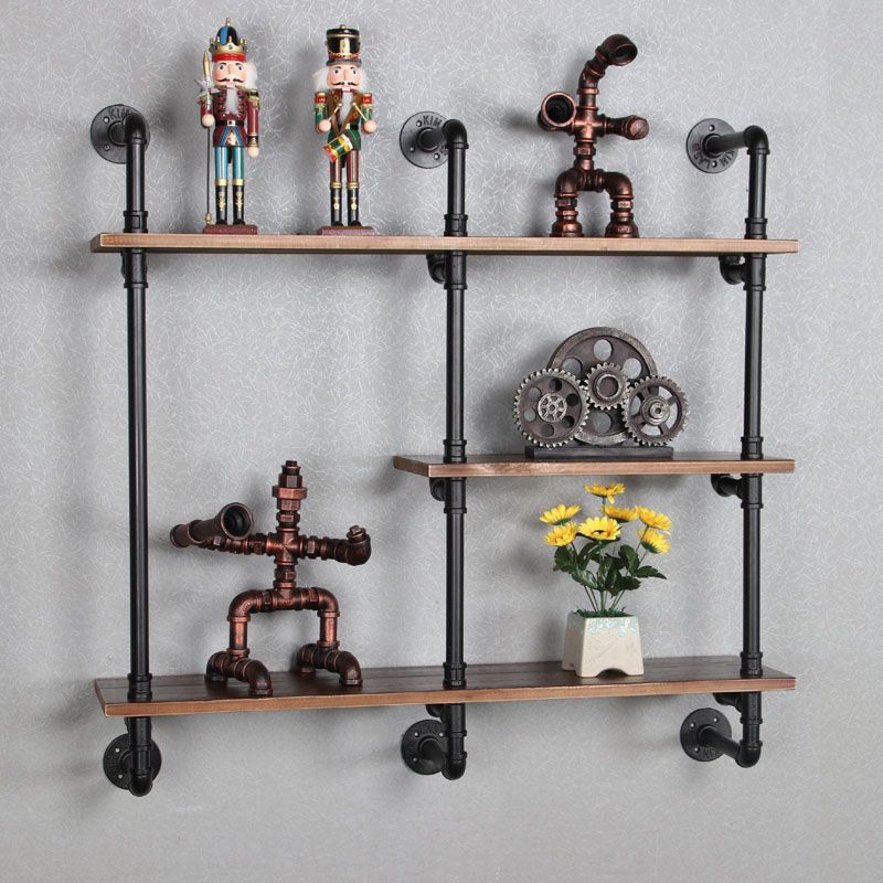 Industrial Wall Mounted Bookshelf with Black Iron Frame Pine Wood Shelf
