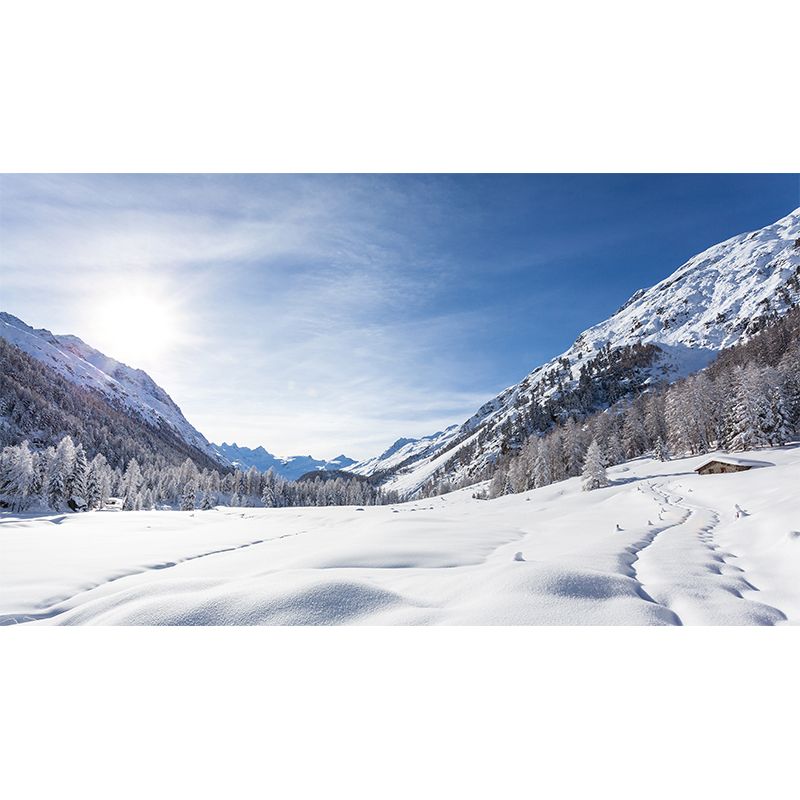 Blue-White Snowy Road Murals Mountain Landscape Modern Waterproof Wall Decor for Bedroom