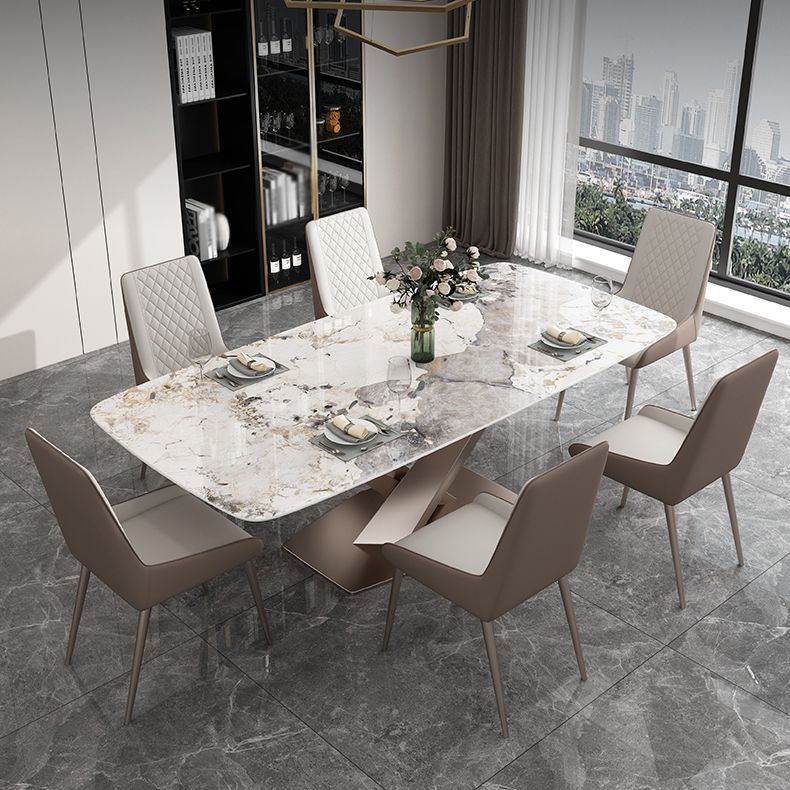 Modern Style Sintered Stone Dining Table with Standard Height Table and Rose Gold Trestle Base