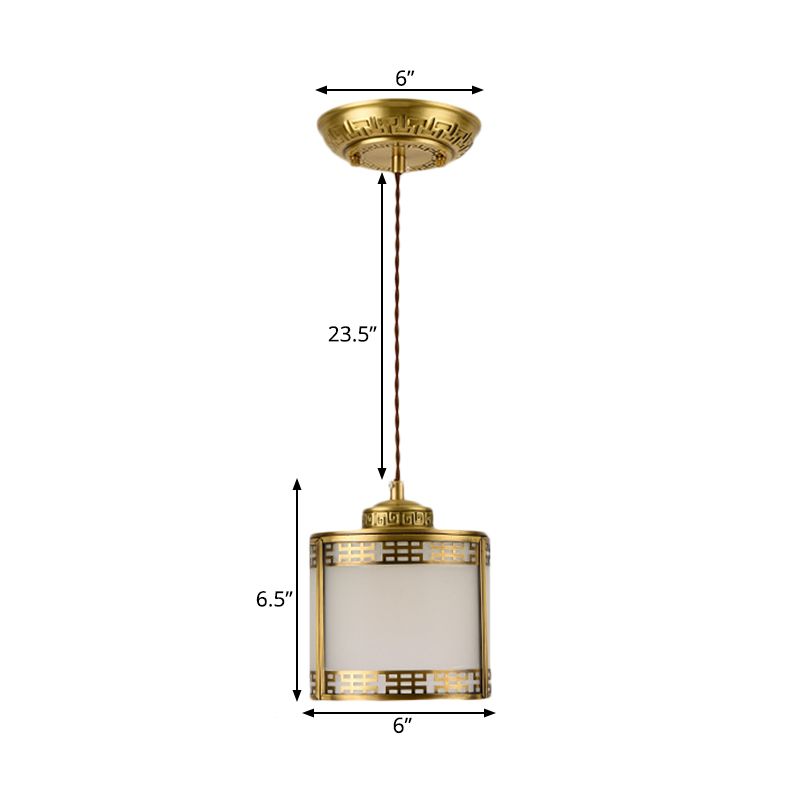 Cylinder Frosted Glass Pendant Lamp Traditional 1 Light Corridor Hanging Ceiling Light in Brass with Metal Frame