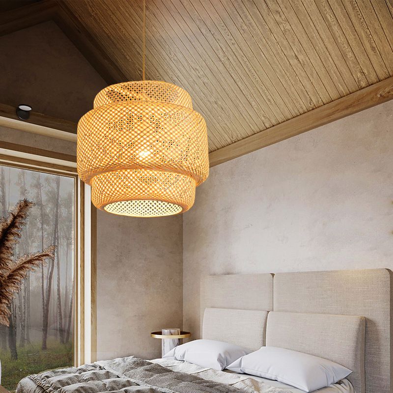 Lantern Bambus Rattan Form Anhänger Hängende Lampe Asien Stil 1 Licht hängende Deckenleuchte für Wohnzimmer