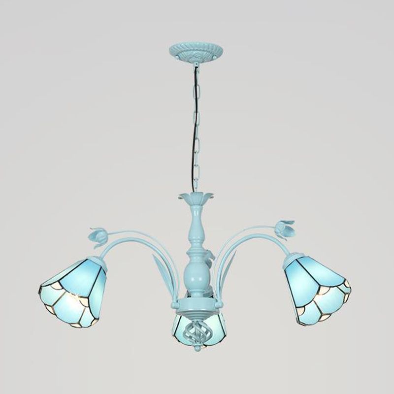 Conical Chandelier Pendant Light 3/6/8 Lights Stained Art Glass Baroque Hanging Lamp Kit in Blue/Dark Blue for Living Room