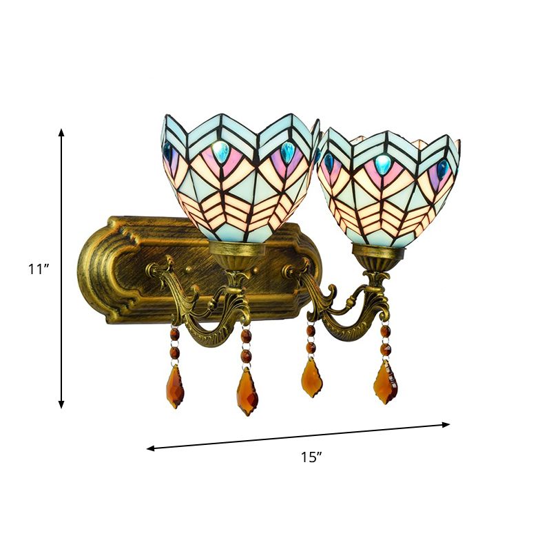 Ridged Bell Stained Glass Wall Lighting Mediterranean 2-Light Brass Vanity Light Fixture