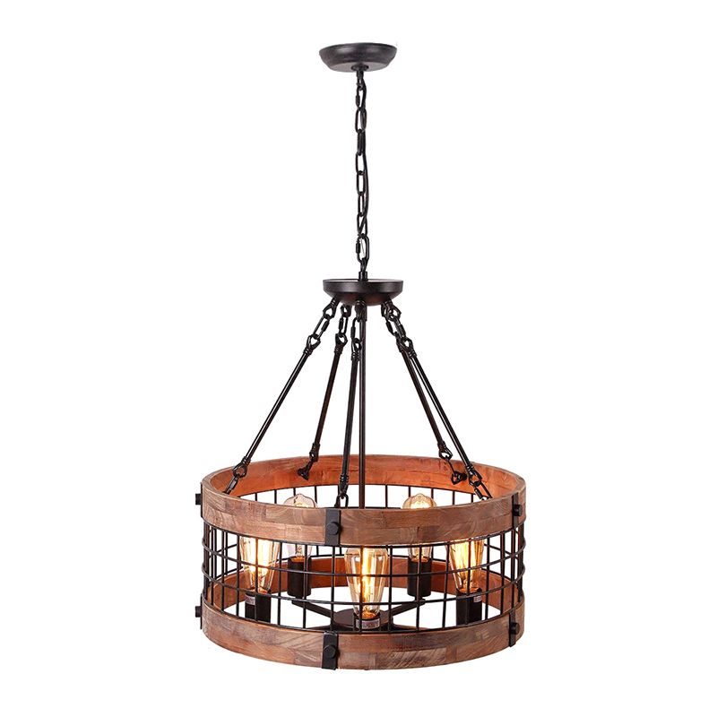 Brown Grid Cage Drum Chandelier Rustic Metal Dining Room Suspension Pendant Light