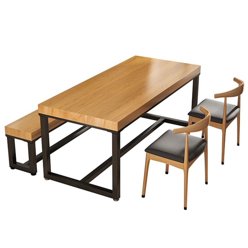 Industrial Solid Wood Dining Table Rectangle Table in Brown with Metal Trestle Base