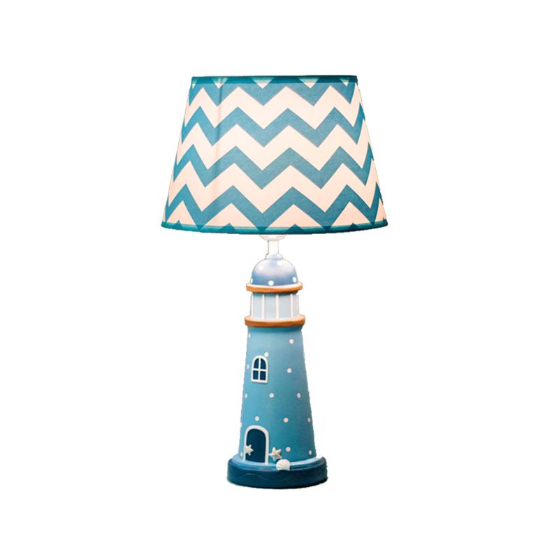 Lighting da tavolo da cono largo 14 "/18" Tessuto in stile cartone animato 1 lampada in piedi a blu chiaro/bianco con base a torre in resina