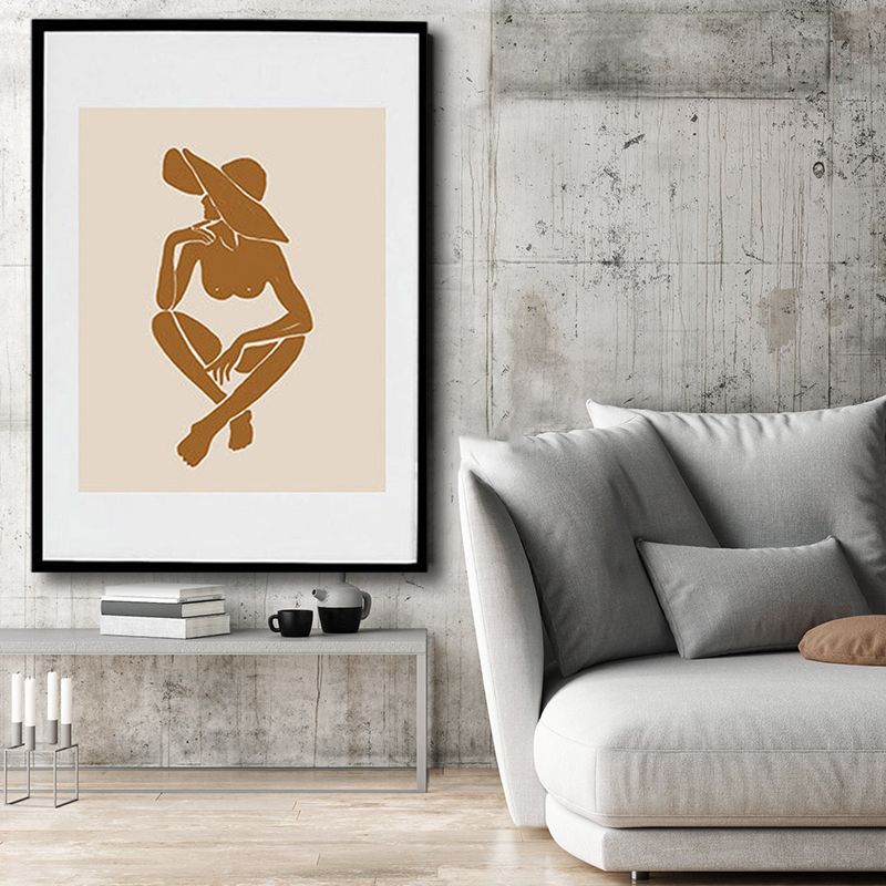 Brown Hatted Girl Art Print Figure Pattern Nordic Textured Wrapped Canvas for Sitting Room