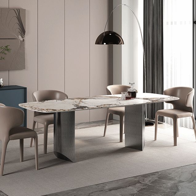 Rectangle Sintered Stone Dining Table Modern Table in White with Metal Double Pedestal