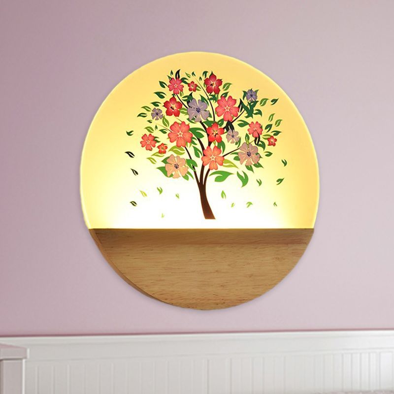 Nordic LED Wall Light Wood Tree and Animal/Flowering Tree Print Mural Light Fixture with Acrylic Shade