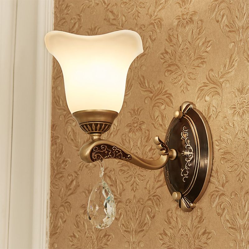 Brass Scalloped Sconce Light Modern Metal 1/2 Lights Indoor Wall Mounted Lamp with Crystal Drop