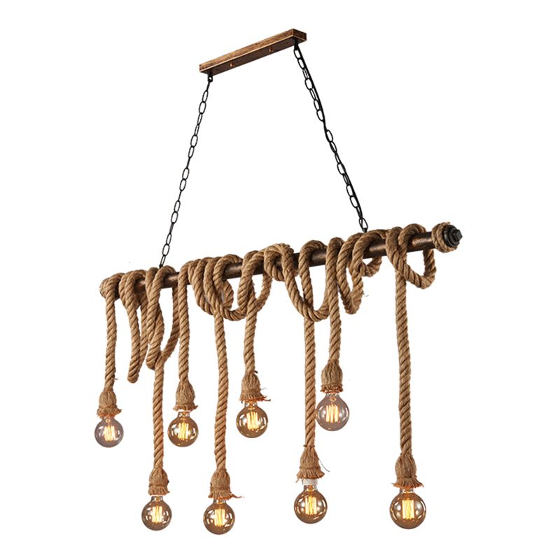 Vintage Hemp Rope Chandelier Industrial Retro Linear Exposed Bulb Pipe Pendant for Restaurant