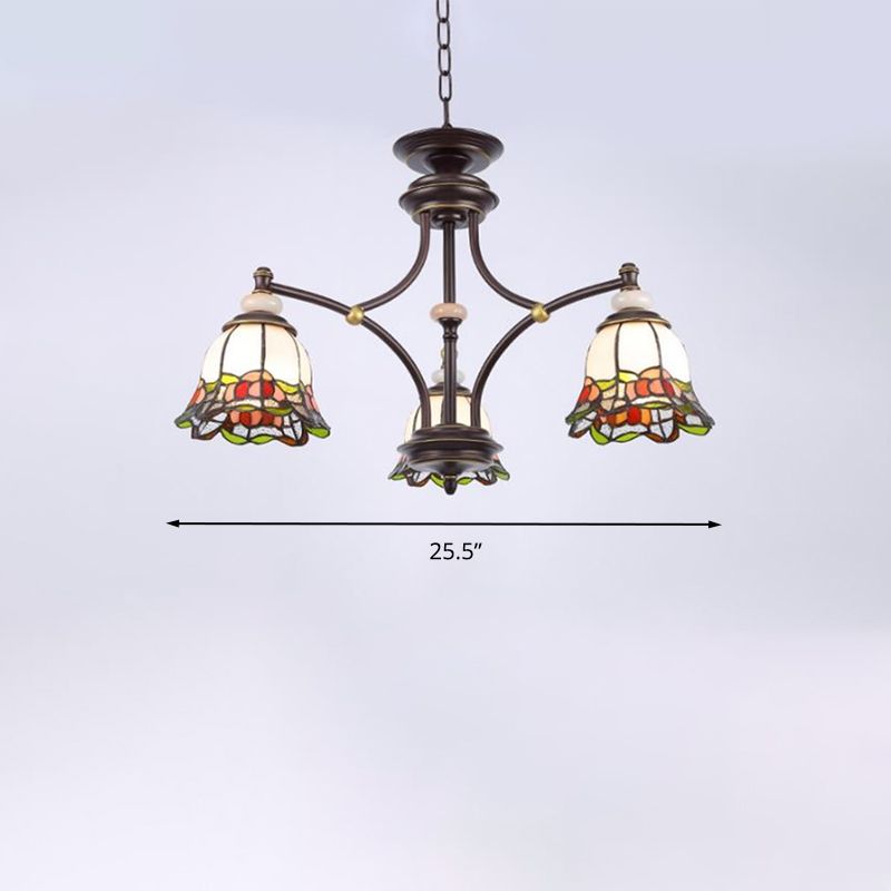 Tiffany Flower Chandelier Lamp 3/6/8 Lights Stained Glass Suspension Lighting in Black for Living Room