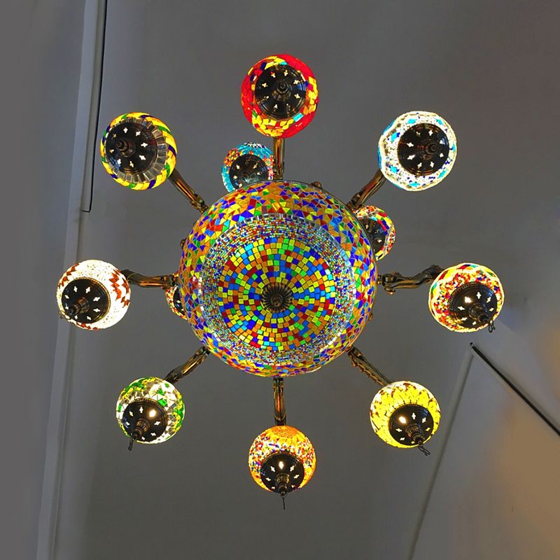 Curved Arm Metal Chandelier Traditional 15 Heads Bronze Hanging Light Kit with Ball Colorful Glass Shade