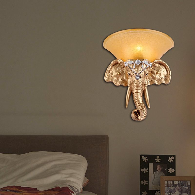 1 Bulb Resin Sconce Lamp Retro Style Golden Elephant Head Bedroom Wall Light with Flared Yellow Glass Shade