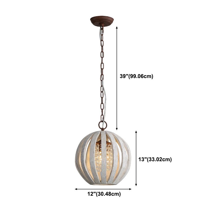 Wooden Globe Pendant Lamp Vintage 1-Light Dining Room Hanging Light with Crystal Beading