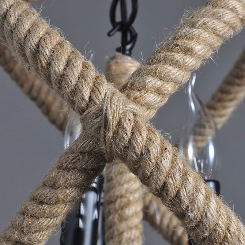 Globe Metal Pendant Lighting Industrial 3 Lights Hemp Rope  Chandelier Hanging Light Fixture in Black